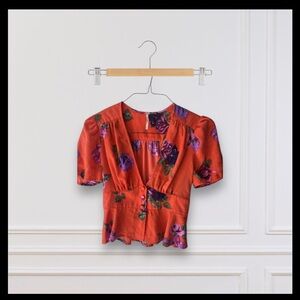 Free People Red Orange and Purple Floral Low V Neck Puff Sleeve Blouse XS